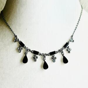 Black Glass Teardrop and Clear Rhinestone Festoon Silver Tone Necklace